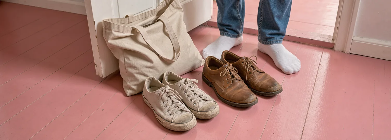 A canvas bag rests beside worn trainers and walking shoes on a sunlit pink hallway floor as an adult pauses nearby.