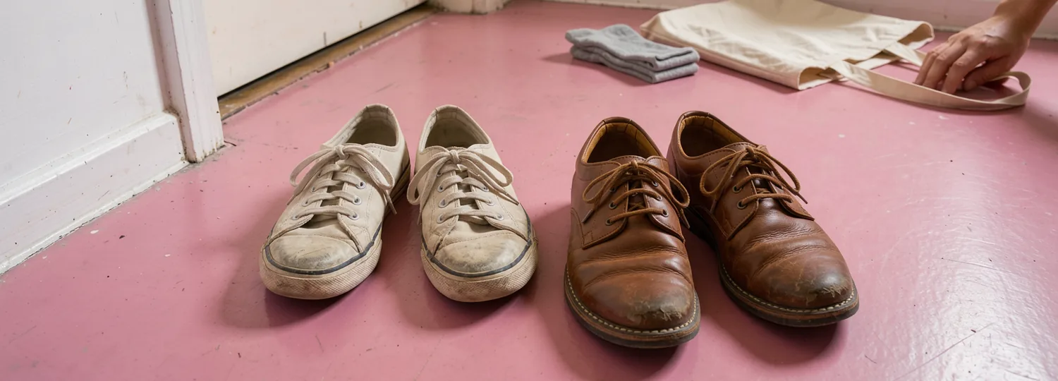Two differently worn pairs of everyday shoes sit side by side on a bright pink floor, a canvas bag and folded socks behind them.