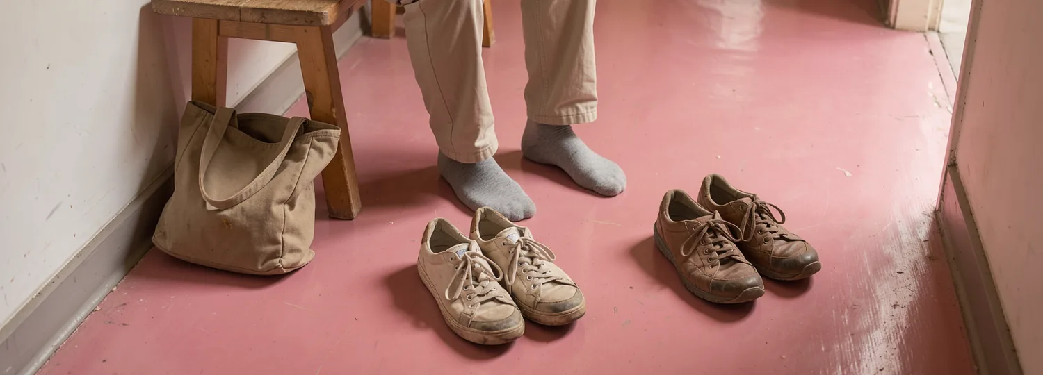 A seated adult’s socked feet beside two worn pairs of shoes, one pair set slightly aside on the pink floor.