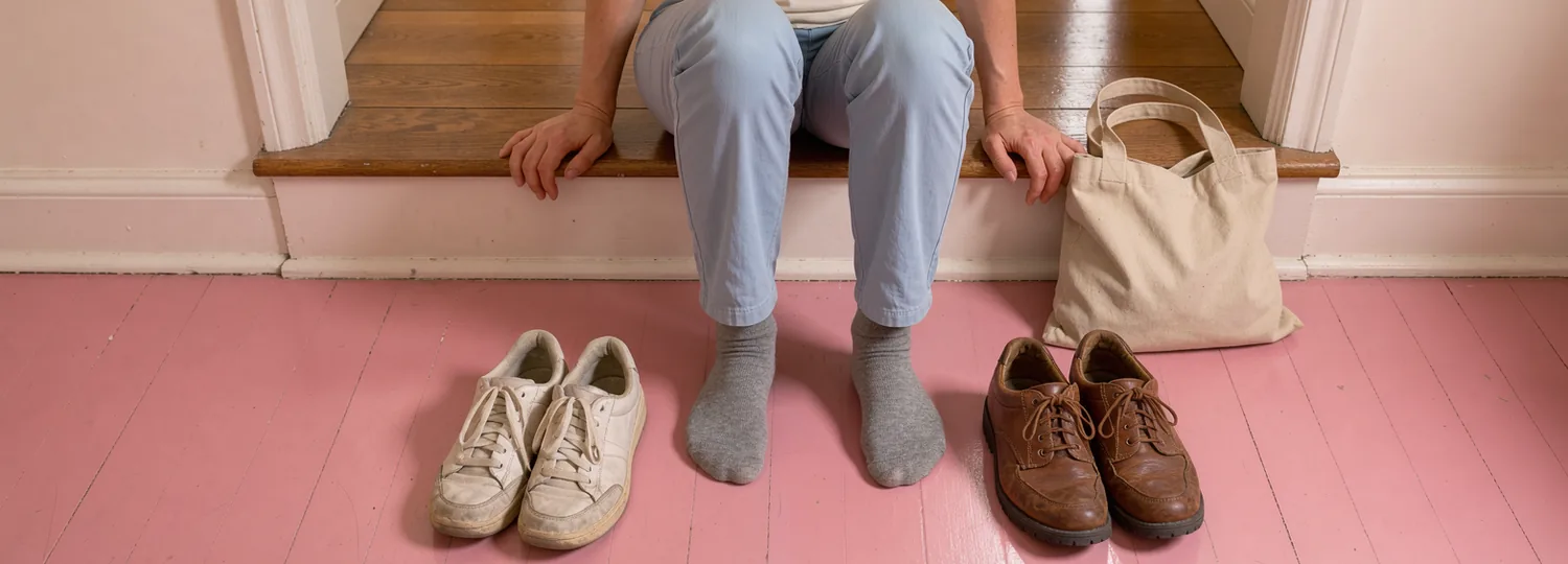 An adult sits on a low hallway step in socks with two worn shoe options on the pink floor and a canvas bag within reach.